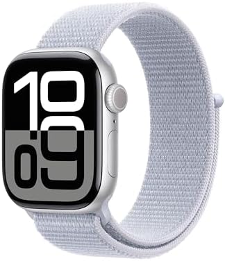 Apple Watch Series 10 [GPS 42mm case] Smartwatch with Silver Aluminum Case with Blue Cloud Sport Loop. Fitness Tracker, ECG App, Always-On Retina Display, Carbon Neutral