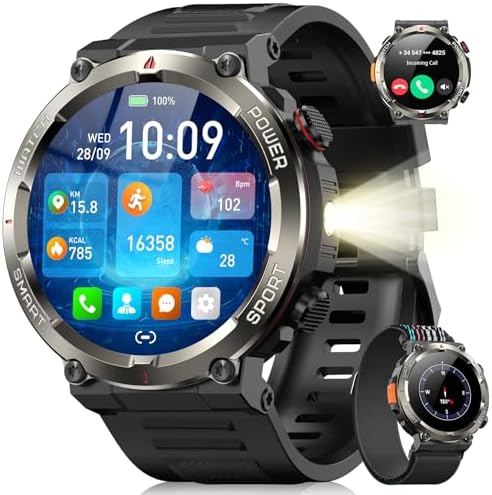 Military Smart Watch for Men with 100 Days Battery, Flashlight and Compass
