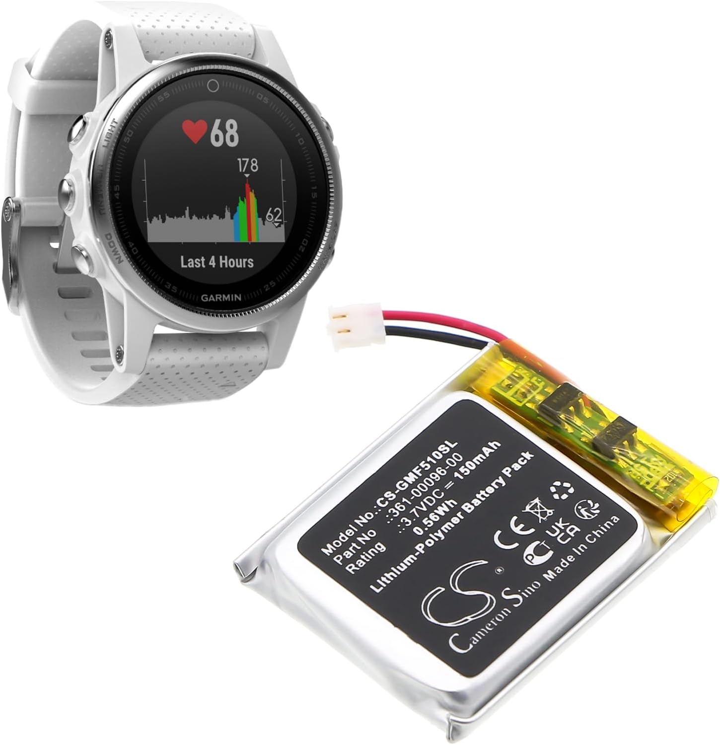 Cameron Sino 150mAh / 0.56Wh Replacement Battery for Garmin Fenix 5S, Fenix 5S Plus, 361-00096-00