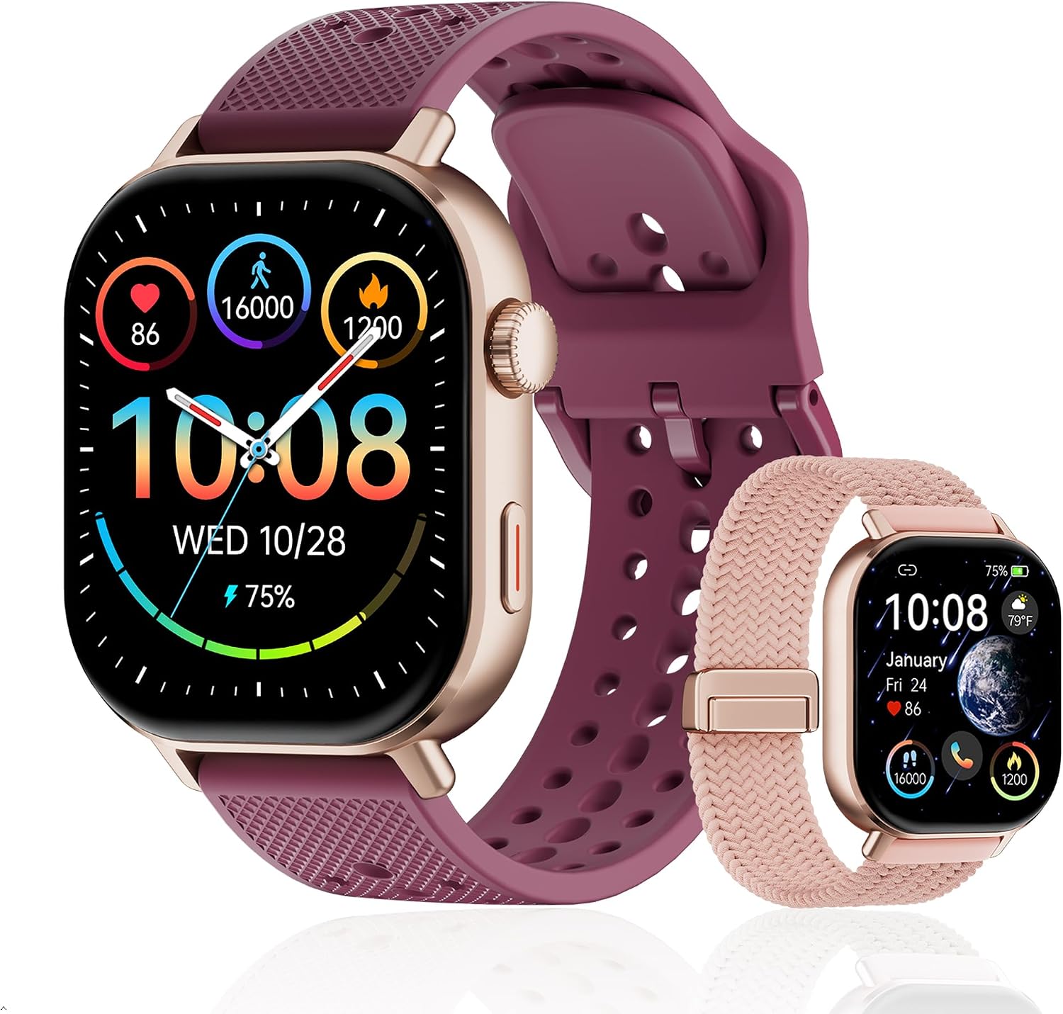 2026 Distance & Pace GPS Running Watch for Runners - Call & Text, AMOLED Large Screen, 50m Waterproof Swimming, Calorie & Step Counter, 2 Bands, Long Battery, for Seniors Men Women(Gold)
