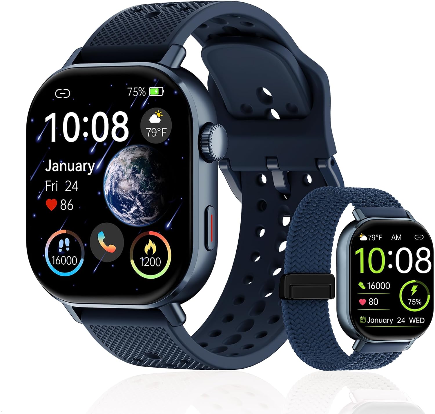2026 Distance & Pace GPS Running Watch for Runners - Call & Text, AMOLED Large Screen, 50m Waterproof Swimming, Calorie & Step Counter, 2 Bands, Long Battery, for Seniors Men Women（Blue）