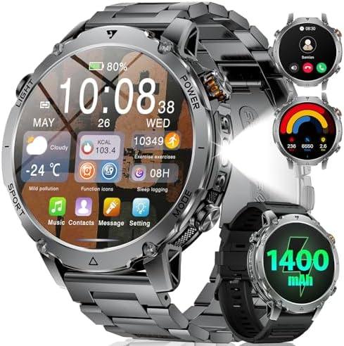 LIGE Military Smart Watch for Men, 1400mAh 60-Day Battery, 1.85 inch HD Smartwatch with LED Flashlight, 100+ Sports Mode, IP68 Waterproof, Pedometer, Fitness Watch for Android iOS
